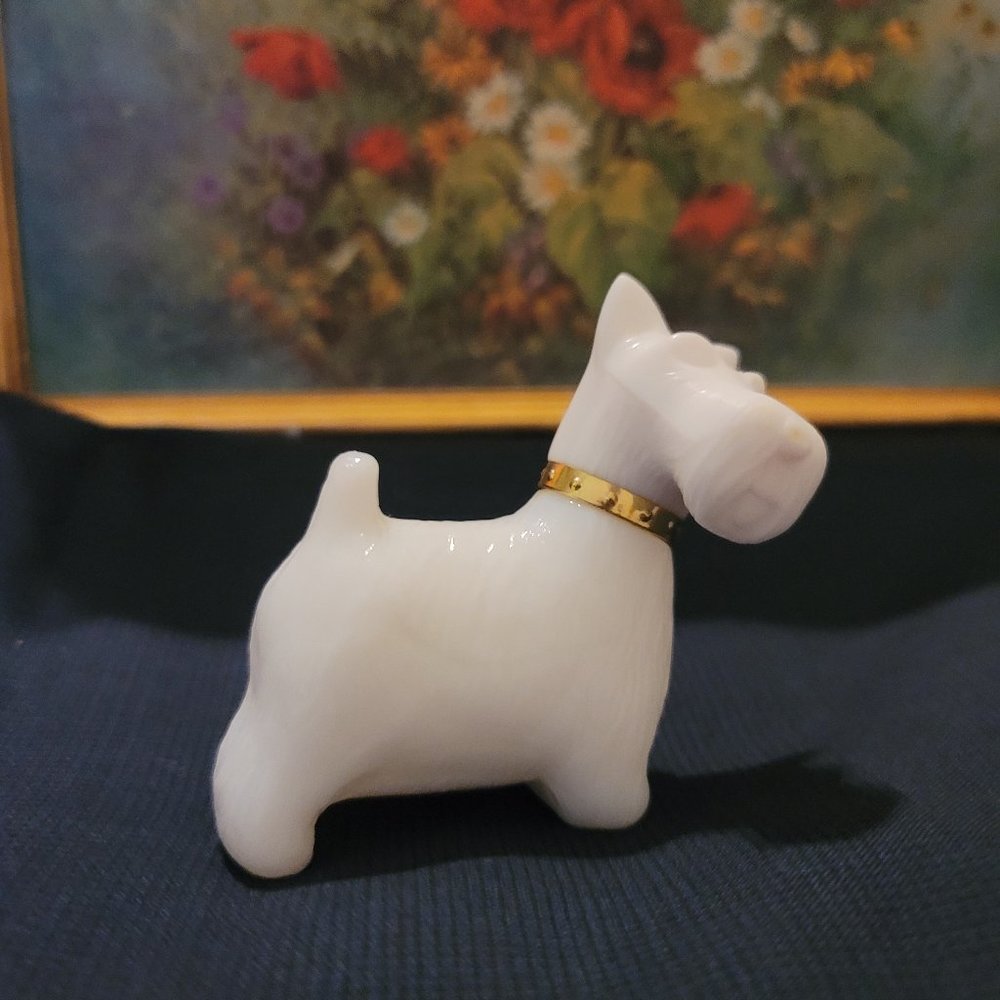 White Milk Glass Scotty Dog Perfume Bottle